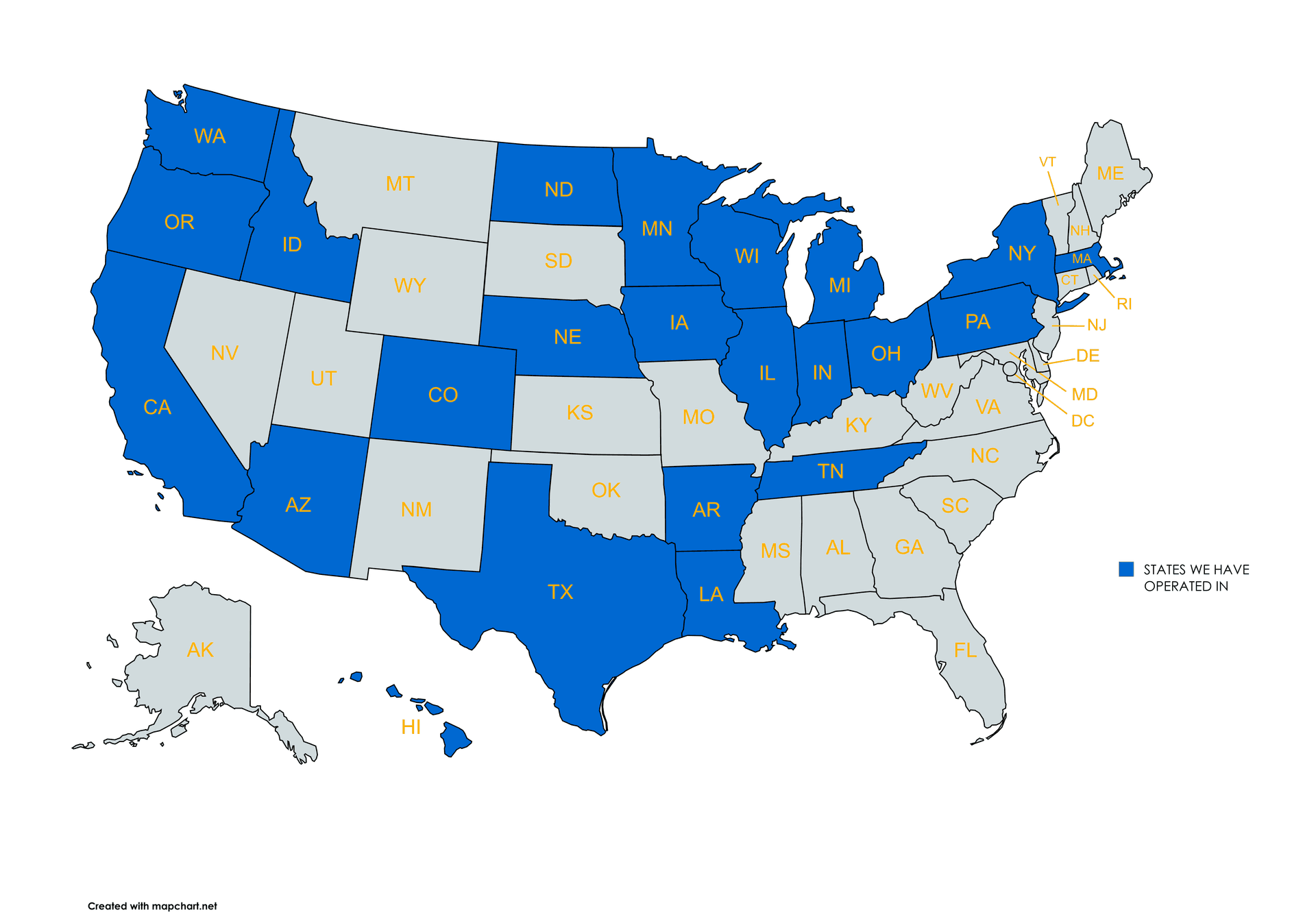 Map of where Dahlen Systems has operated across the United States
